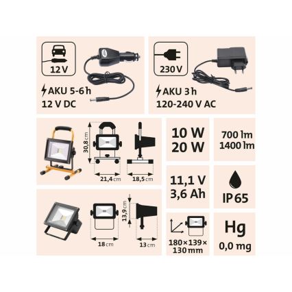 Extol - LED Nabíjecí reflektor LED/20W/3600 mAh/11,1V IP65