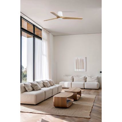 FARO 33838WT-1TW - LED Stmívatelný stropní ventilátor HEYWOOD TUB L LED/10W/230V 2700/4000/6000K borovice/bílá pr. 132 cm Wi-Fi Tuya + dálkové ovládání