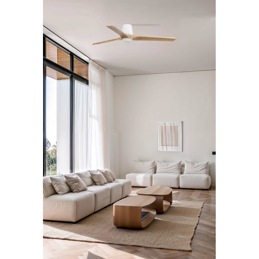 FARO 33838WT-1TW - LED Stmívatelný stropní ventilátor HEYWOOD TUB L LED/10W/230V 2700/4000/6000K borovice/bílá pr. 132 cm Wi-Fi Tuya + dálkové ovládání