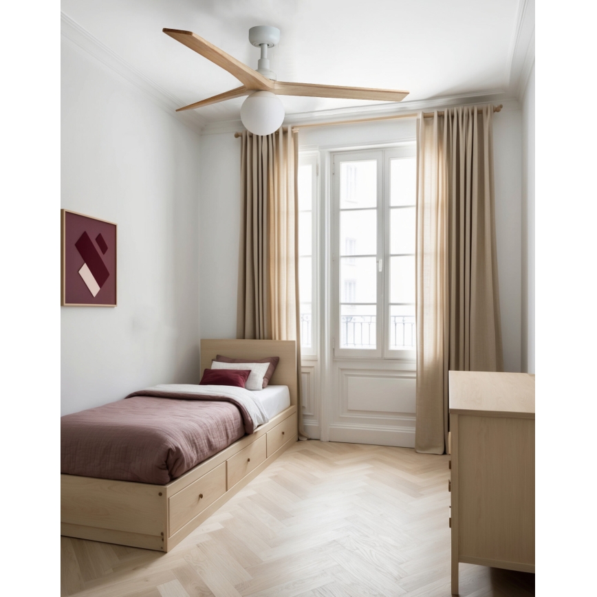 FARO 34280WT-11L - Stropní ventilátor KLIM M 1xE27/15W/230V dřevo/bílá pr. 125 cm Wi-Fi Tuya + dálkové ovládání