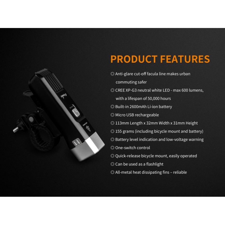 Fenix BC25R - LED Nabíjecí svítidlo na kolo LED/USB IP66 600 lm 36 h