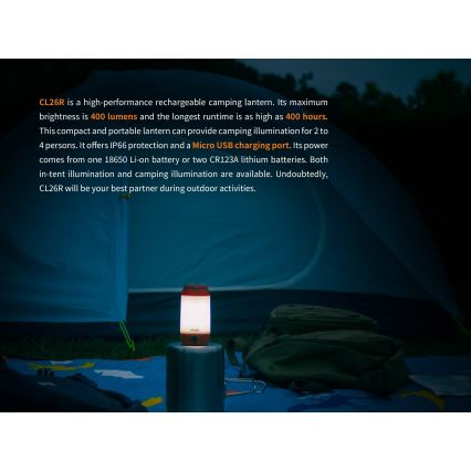 Fenix CL26RBLACK - LED Stmívatelná přenosná nabíjecí lampa LED/USB IP66 400 lm 400 h černá