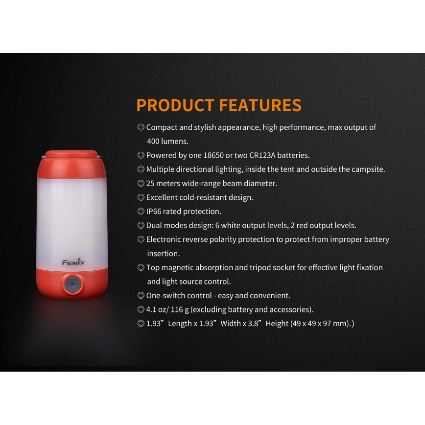 Fenix CL26RBLACK - LED Stmívatelná přenosná nabíjecí lampa LED/USB IP66 400 lm 400 h černá