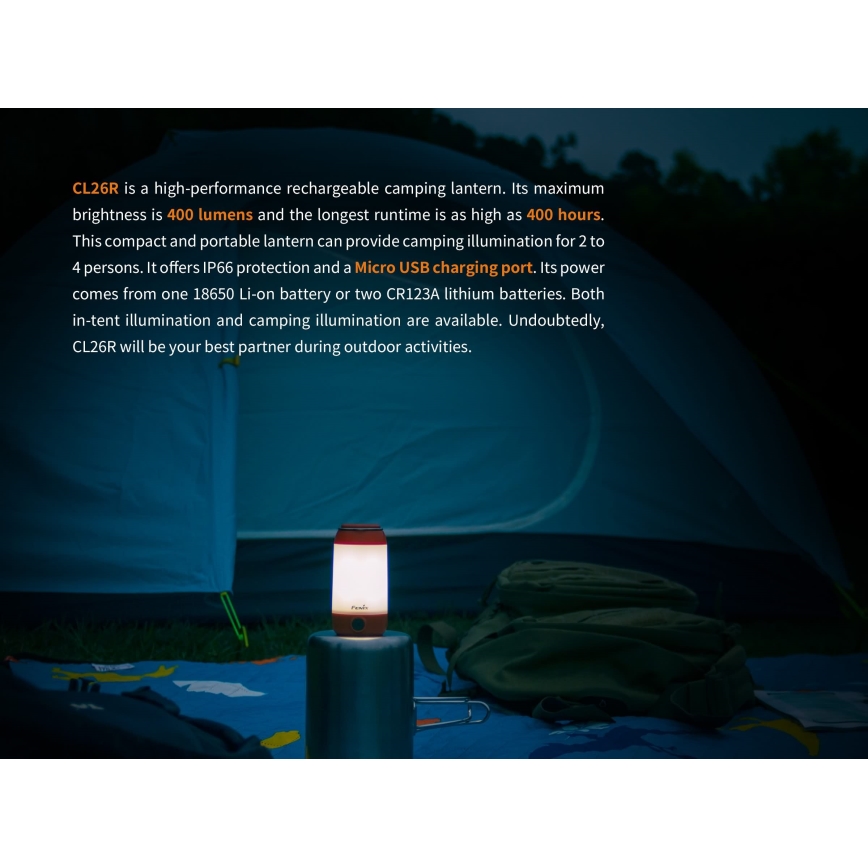 Fenix CL26RRED - LED Stmívatelná přenosná nabíjecí lampa LED/USB/2xCR123A IP66 400 lm 400 h 2600 mAh oranžová