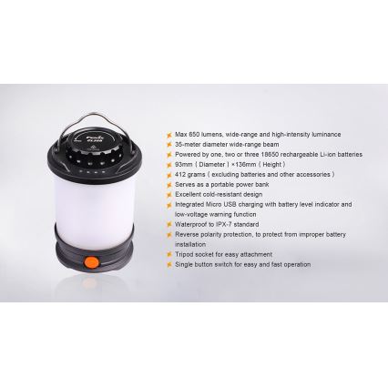 Fenix CL30R - LED Přenosná nabíjecí lampa LED/USB/6xCR123A IPX7 650 lm 300 h 2600 mAh