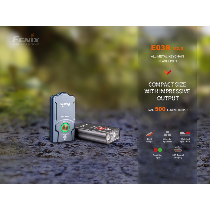 Fenix E03RV20BLU - LED Nabíjecí svítilna LED/USB IP66 500 lm 30 h