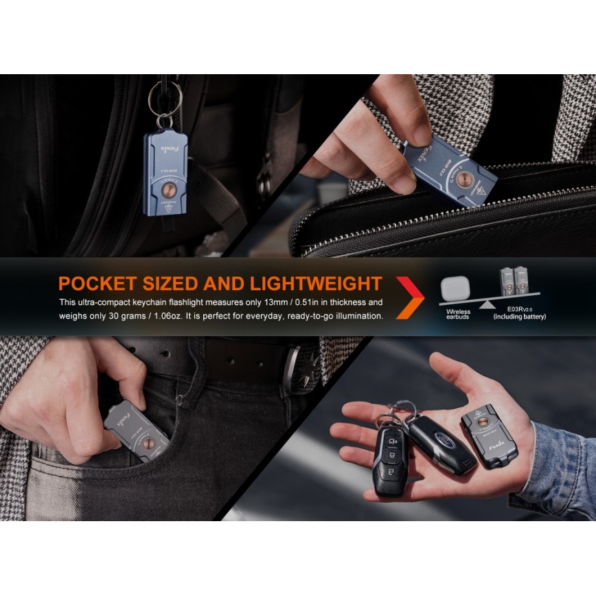 Fenix E03RV20BLU - LED Nabíjecí svítilna LED/USB IP66 500 lm 30 h