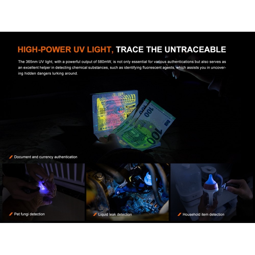 Fenix E06RTKS - LED Stmívatelná nabíjecí svítilna UV LED/USB IP66 700 lm 60 h tyrkysová
