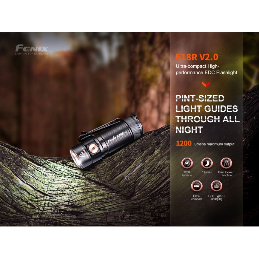 Fenix E18RV20800 - LED Stmívatelná nabíjecí svítilna LED/USB/1xCR123A 800 mAh IP68 1200 lm 200 h černá