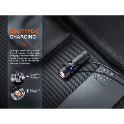 Fenix E18RV20800 - LED Stmívatelná nabíjecí svítilna LED/USB/1xCR123A 800 mAh IP68 1200 lm 200 h černá