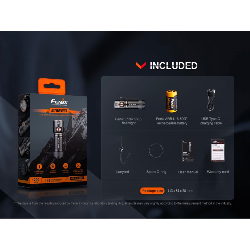 Fenix E18RV20800 - LED Stmívatelná nabíjecí svítilna LED/USB/1xCR123A 800 mAh IP68 1200 lm 200 h černá