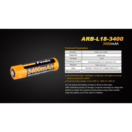Fenix FE18650LI34 - 1ks Nabíjecí baterie 18650/3,6V 3400 mAh
