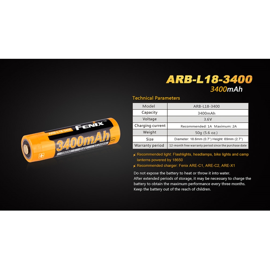 Fenix FE18650LI34 - 1ks Nabíjecí baterie 18650/3,6V 3400 mAh