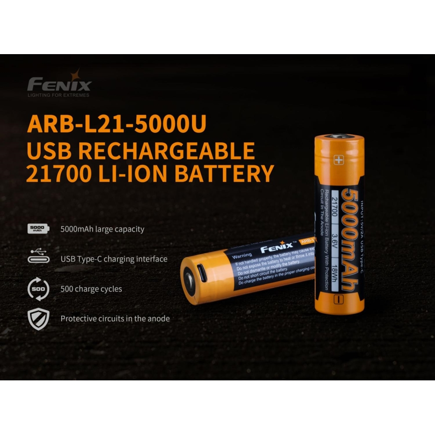 Fenix FE21700USB - 1ks Nabíjecí baterie USB/3,6V 5000 mAh
