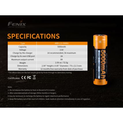 Fenix FE21700USB - 1ks Nabíjecí baterie USB/3,6V 5000 mAh