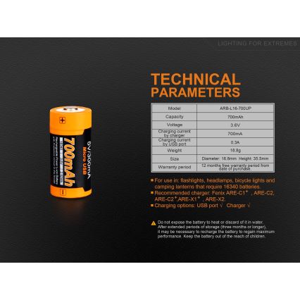 Fenix FERCR123ALIIONUP - 1ks Nabíjecí baterie USB/3,6V 700 mAh
