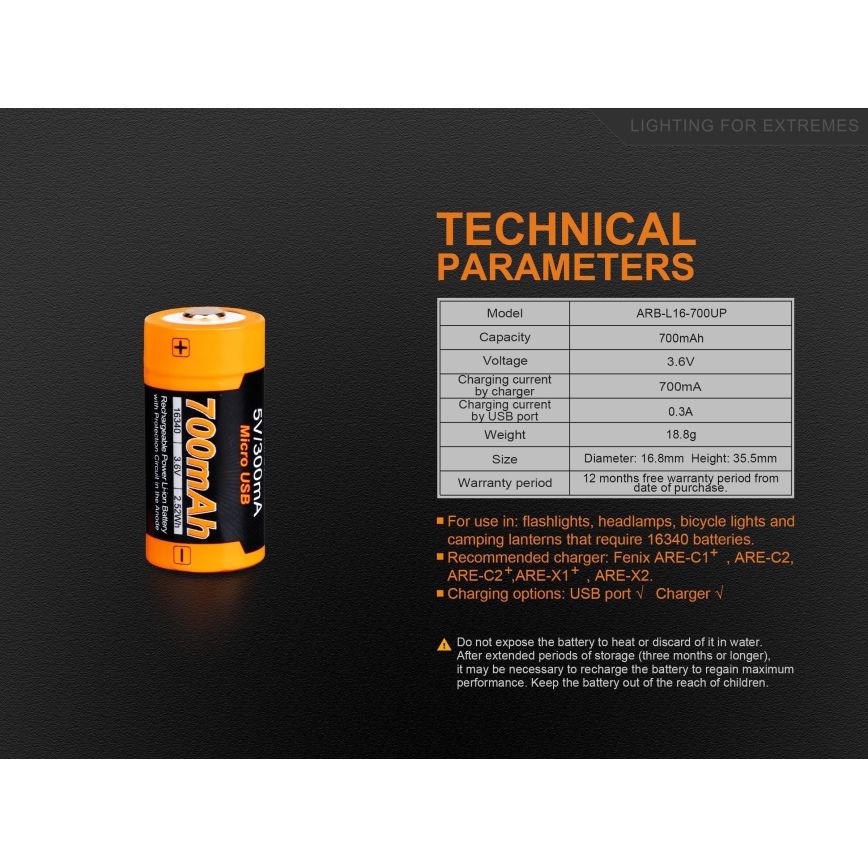 Fenix FERCR123ALIIONUP - 1ks Nabíjecí baterie USB/3,6V 700 mAh