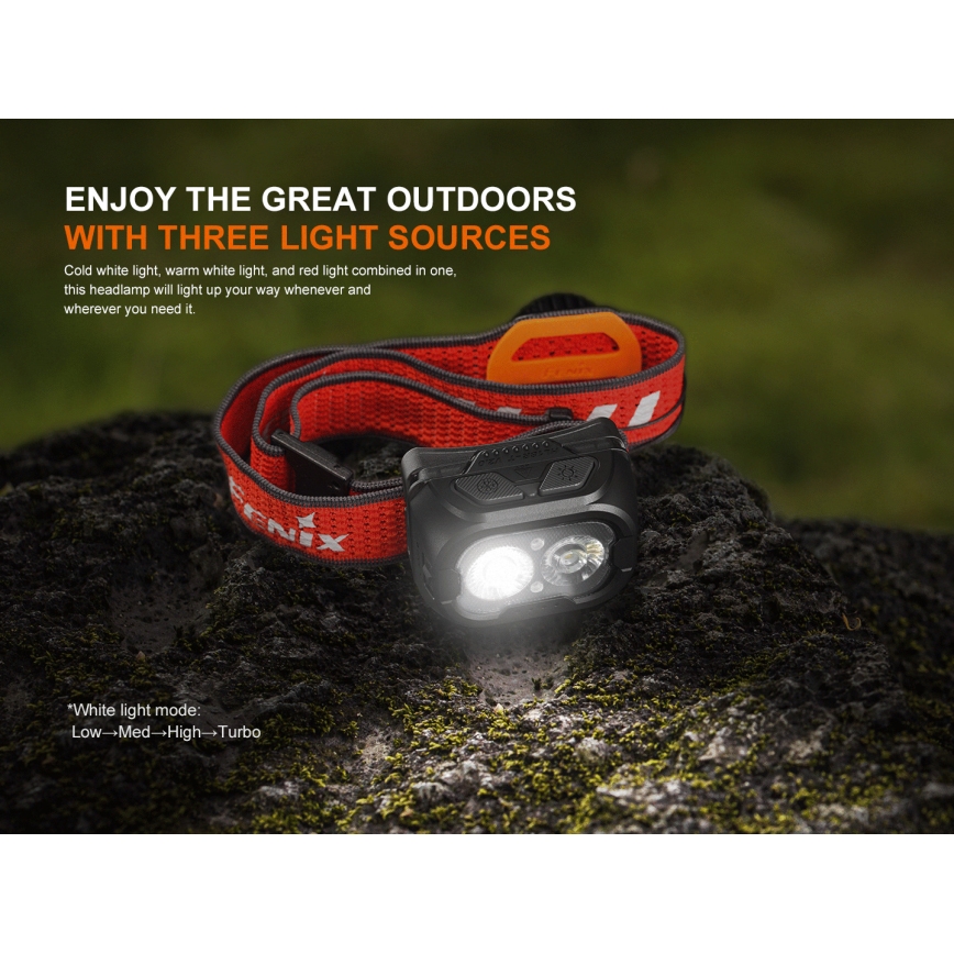 Fenix HL18RTV20BLC - LED Stmívatelná nabíjecí čelovka LED/USB IP66 800 lm 160 h černá/oranžová