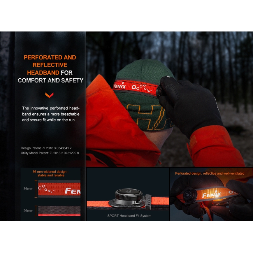 Fenix HL32RTBLCK - LED Nabíjecí čelovka LED/USB/3xAAA IP66 800 lm 300 h 1900 mAh černá/oranžová