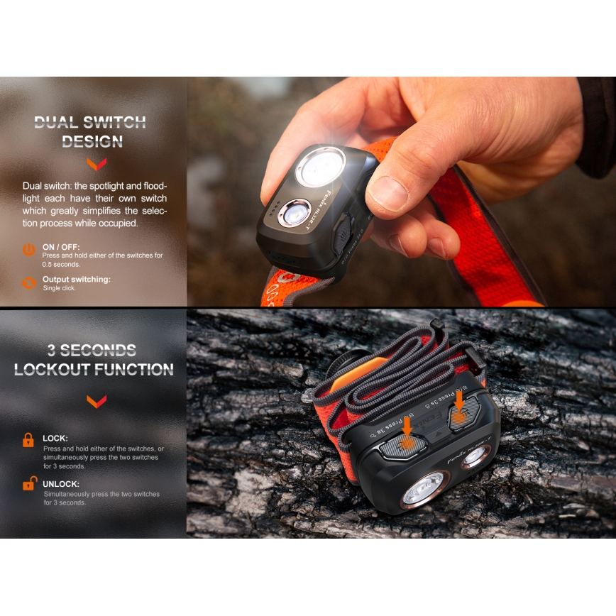 Fenix HL32RTBLCK - LED Nabíjecí čelovka LED/USB/3xAAA IP66 800 lm 300 h 1900 mAh černá/oranžová