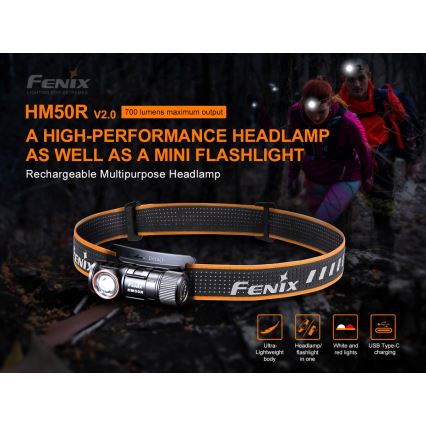 Fenix HM50RV20 - LED Nabíjecí čelovka 3xLED/USB/1xCR123A IP68 700 lm 120 h 700 mAh