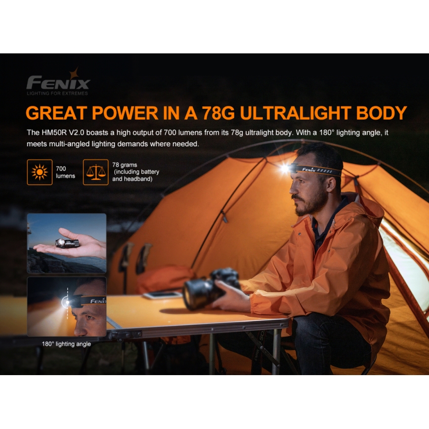 Fenix HM50RV20 - LED Nabíjecí čelovka 3xLED/USB/1xCR123A IP68 700 lm 120 h 700 mAh