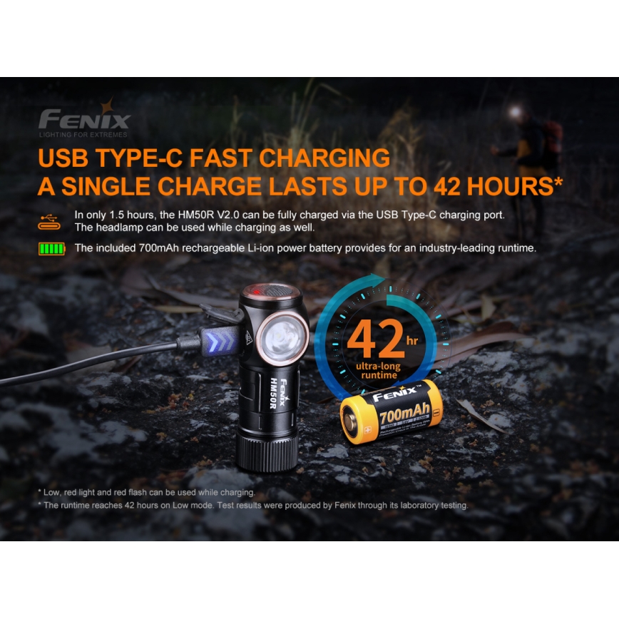 Fenix HM50RV20 - LED Nabíjecí čelovka 3xLED/USB/1xCR123A IP68 700 lm 120 h 700 mAh