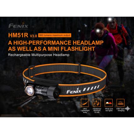 Fenix HM51RV30 - LED Stmívatelná nabíjecí čelovka LED/USB/1xCR123A 950 mAh IP68 860 lm 125 h oranžová