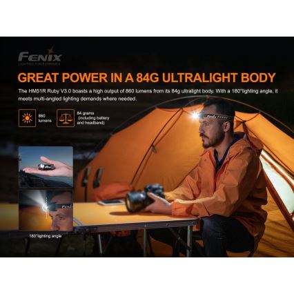 Fenix HM51RV30 - LED Stmívatelná nabíjecí čelovka LED/USB/1xCR123A 950 mAh IP68 860 lm 125 h oranžová