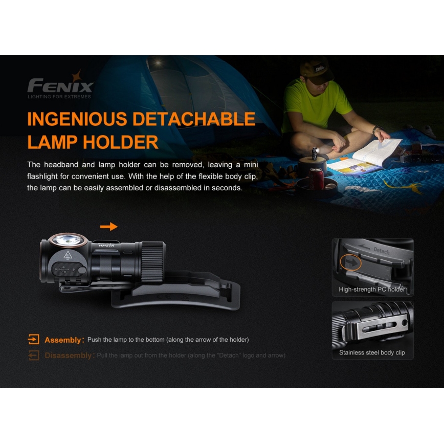 Fenix HM51RV30 - LED Stmívatelná nabíjecí čelovka LED/USB/1xCR123A 950 mAh IP68 860 lm 125 h oranžová