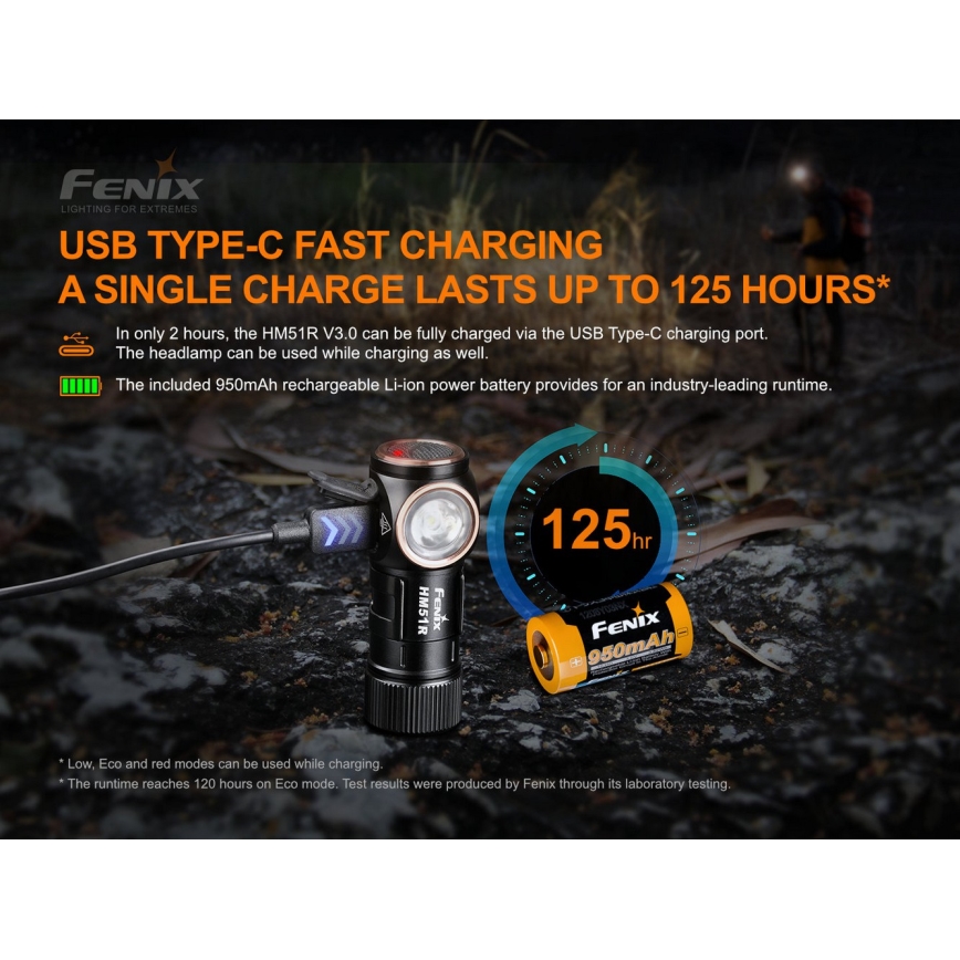 Fenix HM51RV30 - LED Stmívatelná nabíjecí čelovka LED/USB/1xCR123A 950 mAh IP68 860 lm 125 h oranžová