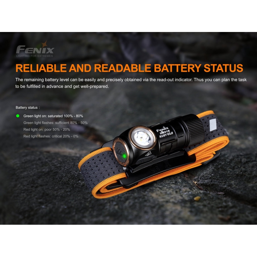 Fenix HM51RV30 - LED Stmívatelná nabíjecí čelovka LED/USB/1xCR123A 950 mAh IP68 860 lm 125 h oranžová