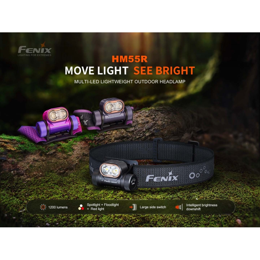 Fenix HM55RNBL - LED Stmívatelná nabíjecí čelovka LED/USB/1xCR123A 1600 mAh IP68 1200 lm 141,2 h fialová