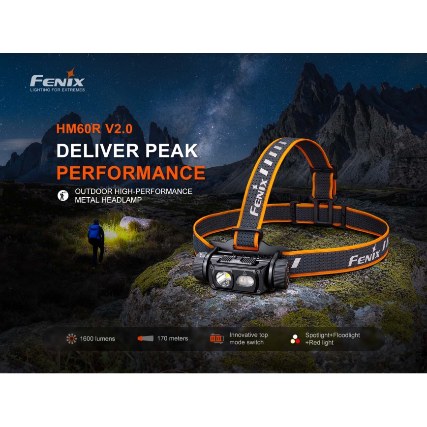 Fenix HM60RV20 - LED Stmívatelná nabíjecí čelovka LED/USB 4000 mAh IP68 1600 lm 292 h oranžová