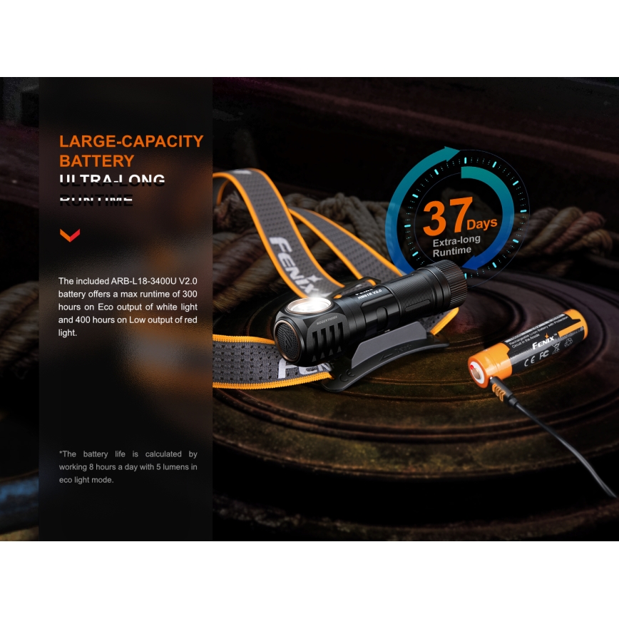 Fenix HM61RV20 - LED Nabíjecí čelovka LED/USB/2xCR123A IP68 1600 lm 300 h 3400 mAh