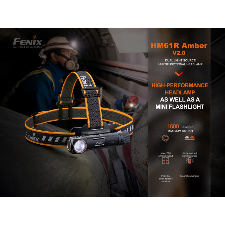Fenix HM61RV20 - LED Nabíjecí čelovka LED/USB/2xCR123A IP68 1600 lm 300 h 3400 mAh