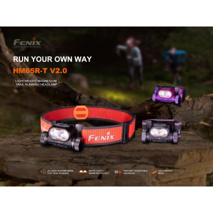 Fenix HM65RTV20PRP - LED Stmívatelná nabíjecí čelovka LED/USB/2xCR123A IP68 1600 lm 300h 3400 mAh černá/fialová