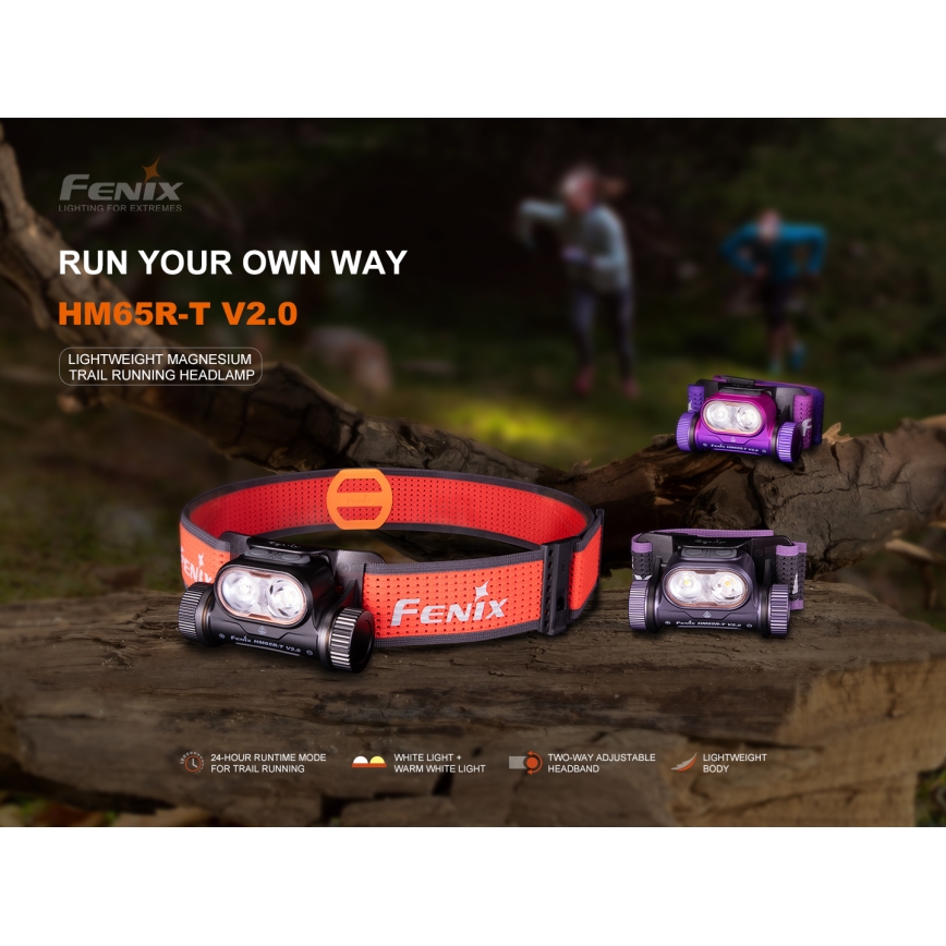 Fenix HM65RTV20PRP - LED Stmívatelná nabíjecí čelovka LED/USB/2xCR123A IP68 1600 lm 300h 3400 mAh černá/fialová