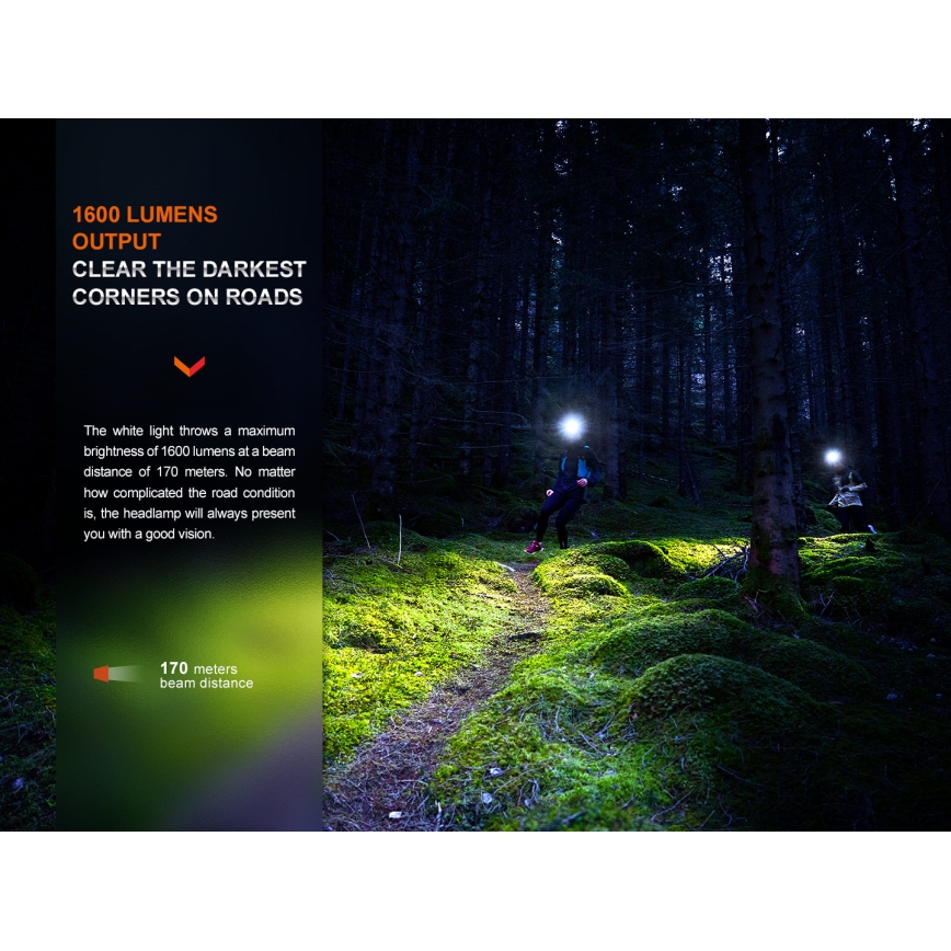 Fenix HM65RTV20PRP - LED Stmívatelná nabíjecí čelovka LED/USB/2xCR123A IP68 1600 lm 300h 3400 mAh černá/fialová