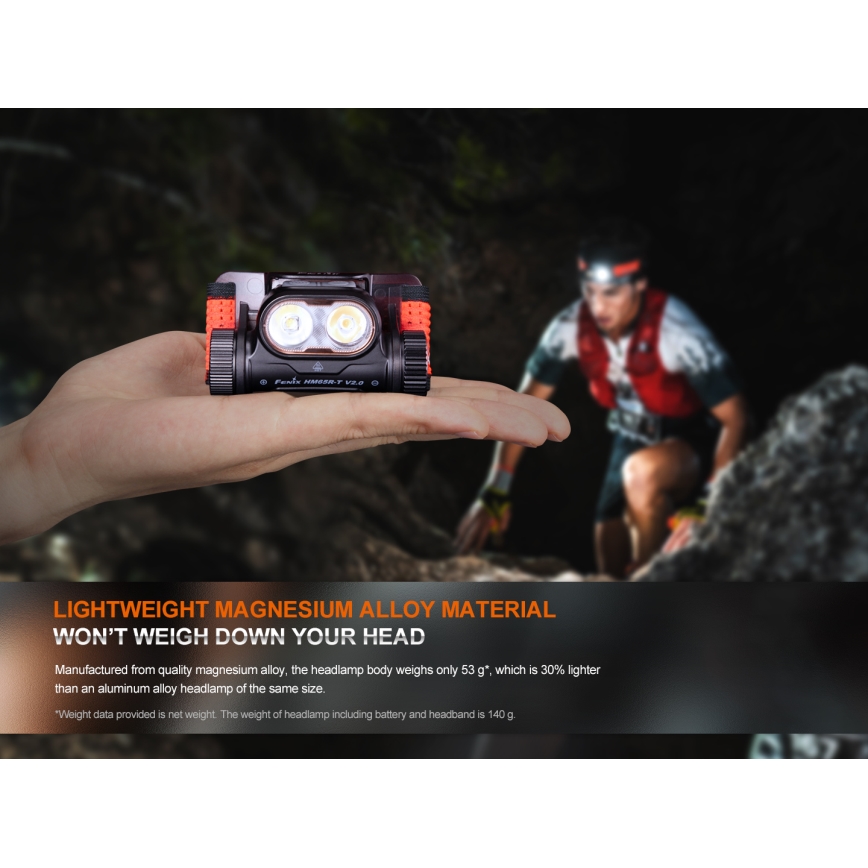 Fenix HM65RTV20PRP - LED Stmívatelná nabíjecí čelovka LED/USB/2xCR123A IP68 1600 lm 300h 3400 mAh černá/fialová