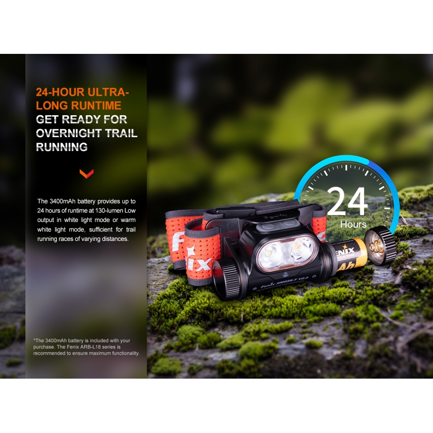 Fenix HM65RTV20PRP - LED Stmívatelná nabíjecí čelovka LED/USB/2xCR123A IP68 1600 lm 300h 3400 mAh černá/fialová