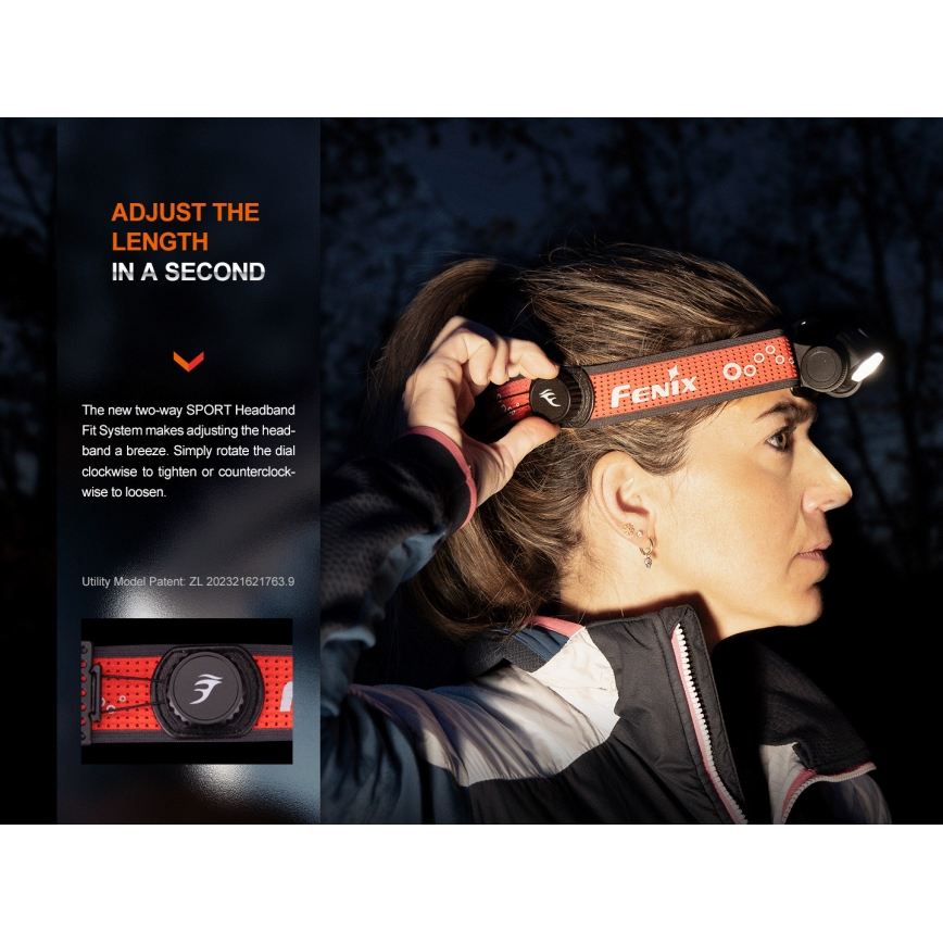 Fenix HM65RTV20PRP - LED Stmívatelná nabíjecí čelovka LED/USB/2xCR123A IP68 1600 lm 300h 3400 mAh černá/fialová