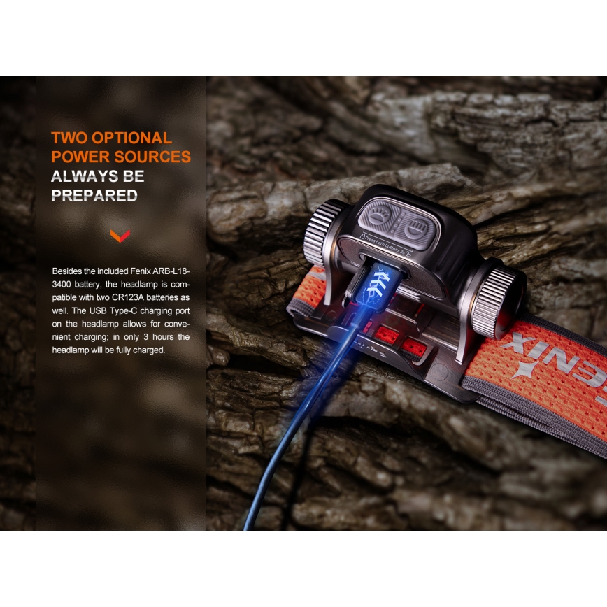Fenix HM65RTV20PRP - LED Stmívatelná nabíjecí čelovka LED/USB/2xCR123A IP68 1600 lm 300h 3400 mAh černá/fialová