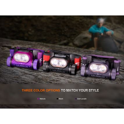 Fenix HM65RTV20PRP - LED Stmívatelná nabíjecí čelovka LED/USB/2xCR123A IP68 1600 lm 300h 3400 mAh černá/fialová