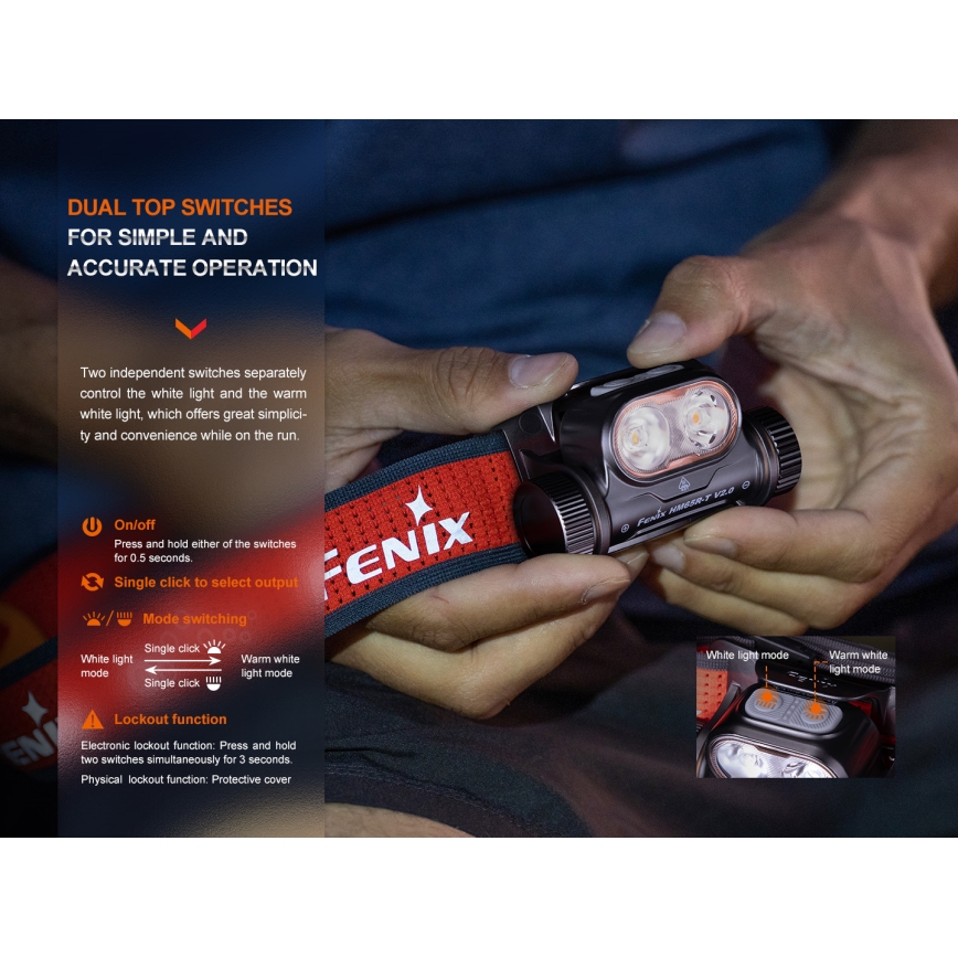Fenix HM65RTV20PRP - LED Stmívatelná nabíjecí čelovka LED/USB/2xCR123A IP68 1600 lm 300h 3400 mAh černá/fialová