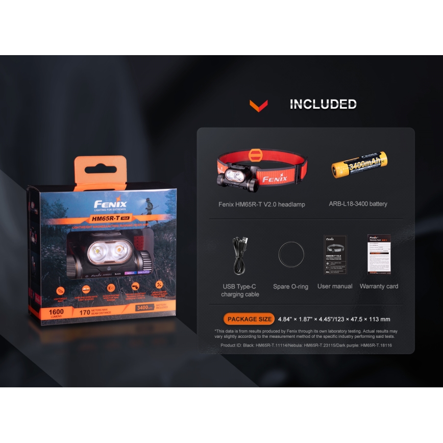 Fenix HM65RTV20PRP - LED Stmívatelná nabíjecí čelovka LED/USB/2xCR123A IP68 1600 lm 300h 3400 mAh černá/fialová