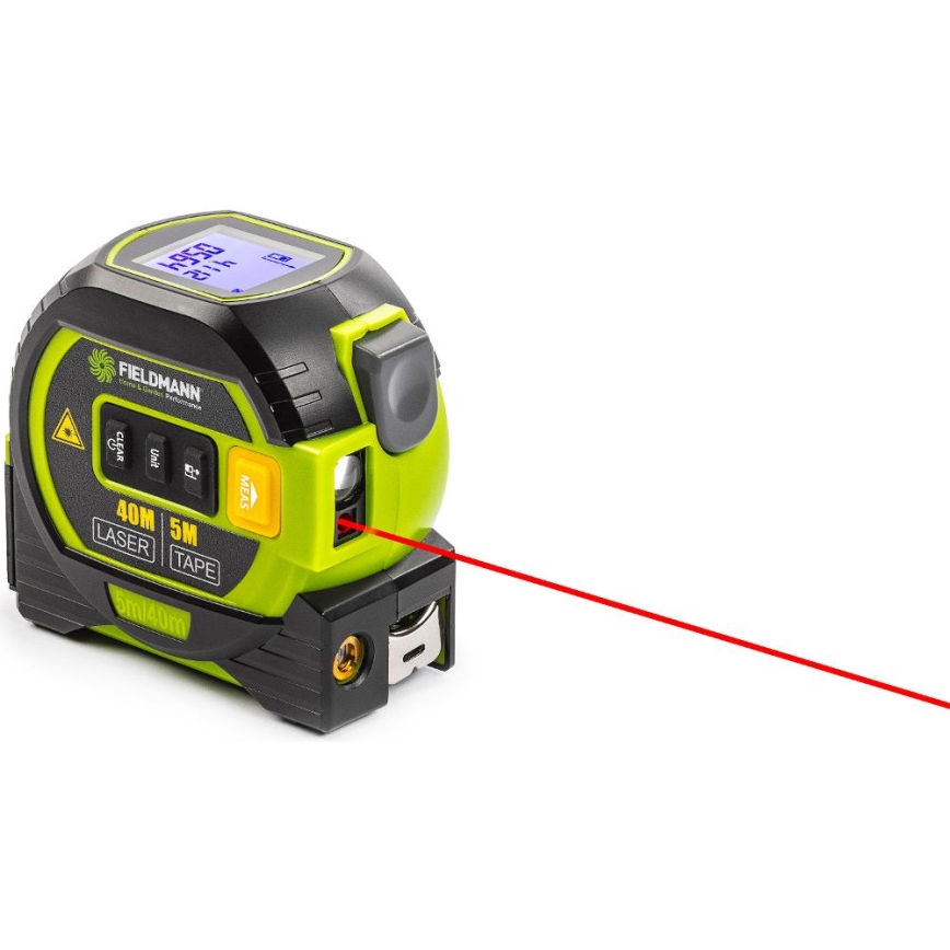 Fieldmann - Laserový měřič vzdálenosti s LED displejem a svinovacím metrem 2xAA