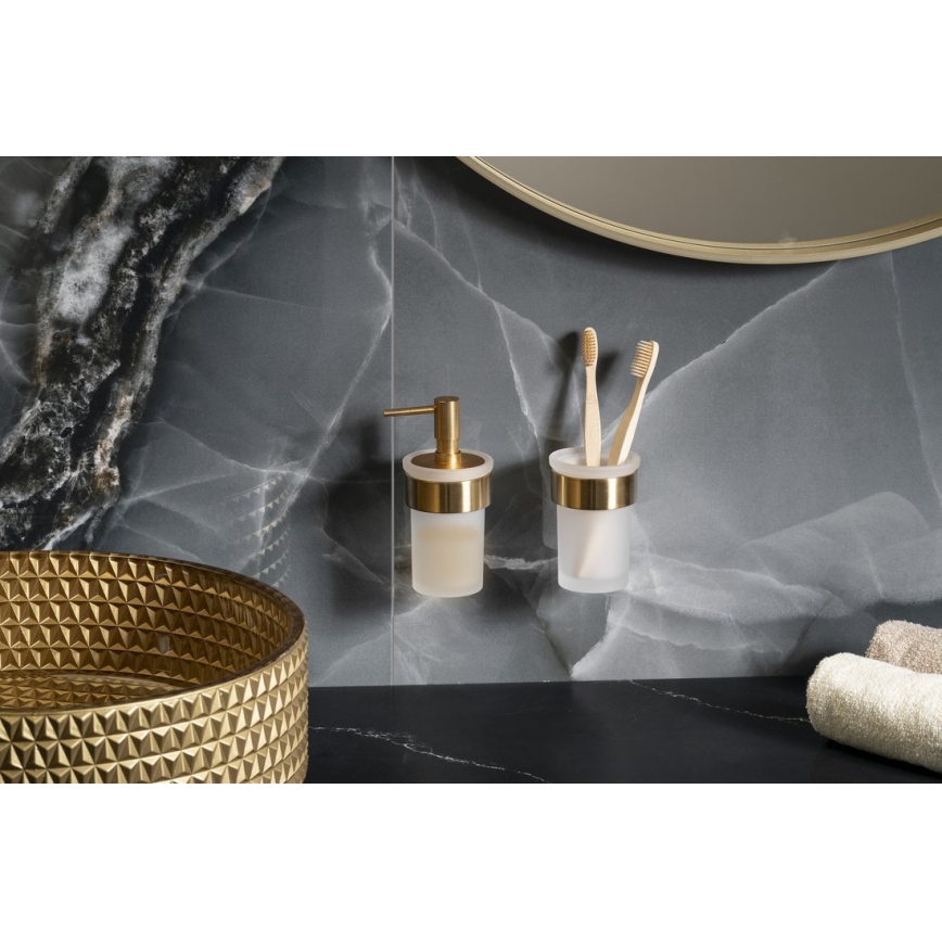 Gedy - Nástěnný dávkovač mýdla PIRENEI 110 ml mléčné sklo/matná zlatá