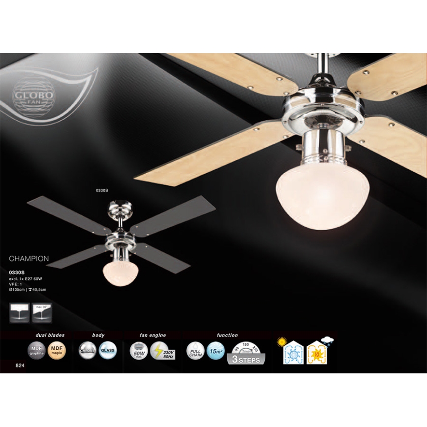GLOBO 0330S - Stropní ventilátor CHAMPION 1xE27/60W/230V