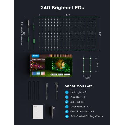 Govee - LED RGBIC Venkovní světelná síť 143x85cm Wi-Fi Matter IP65